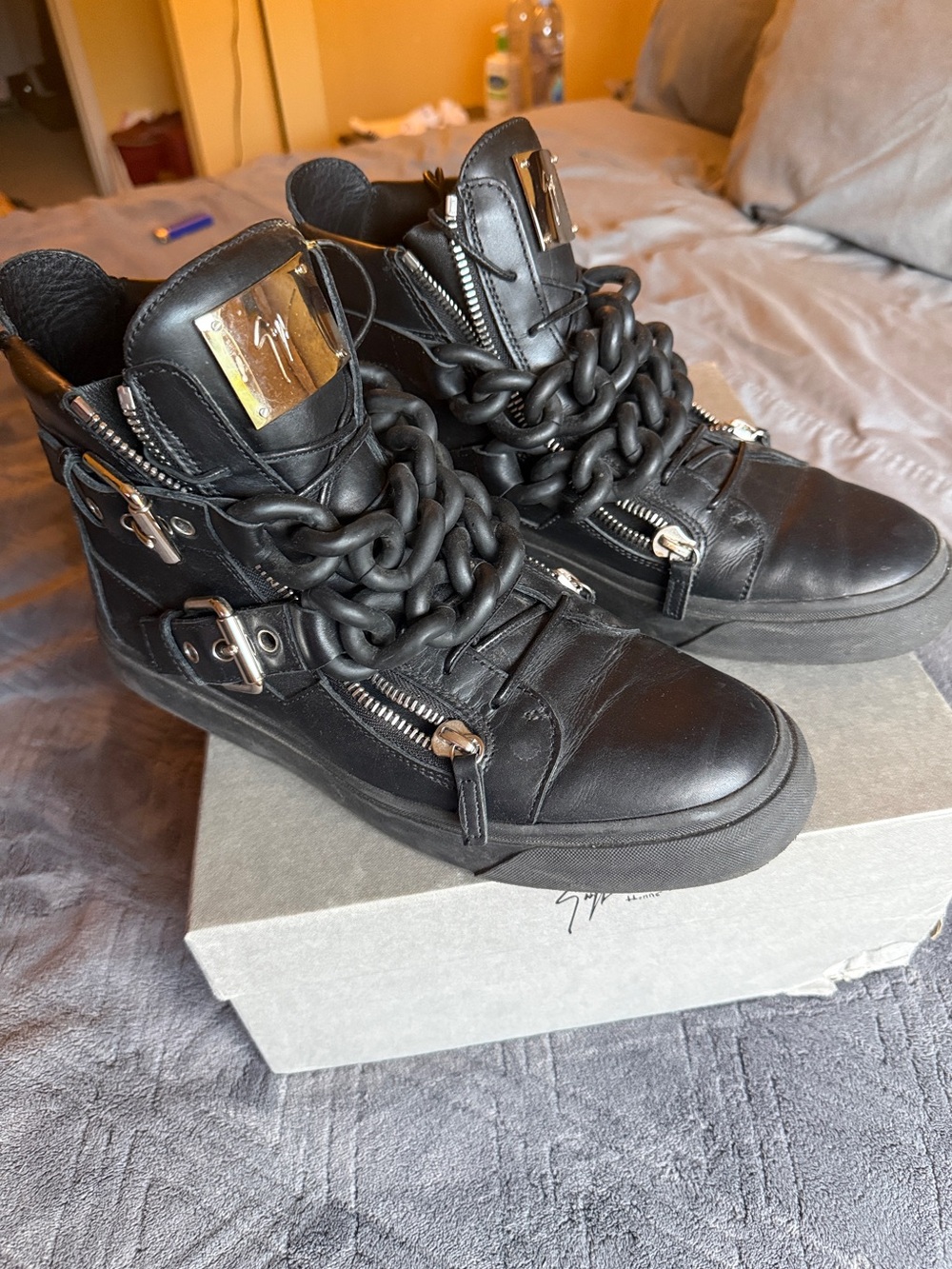 Giuseppe Zanotti Black Leather High-Top Sneakers with Chunky Chain